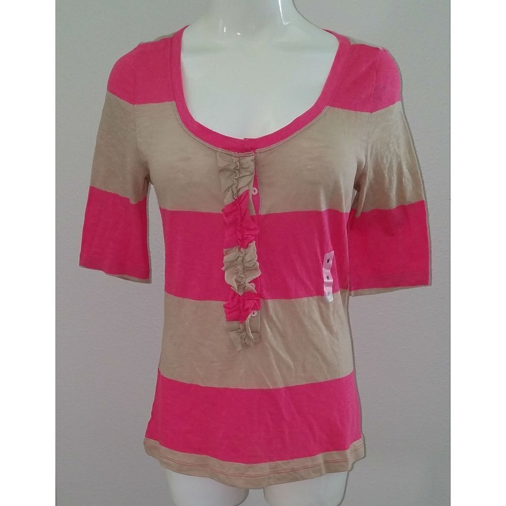 NEW Old Navy Pink Tan Striped Ruffle Front Shirt Medium
